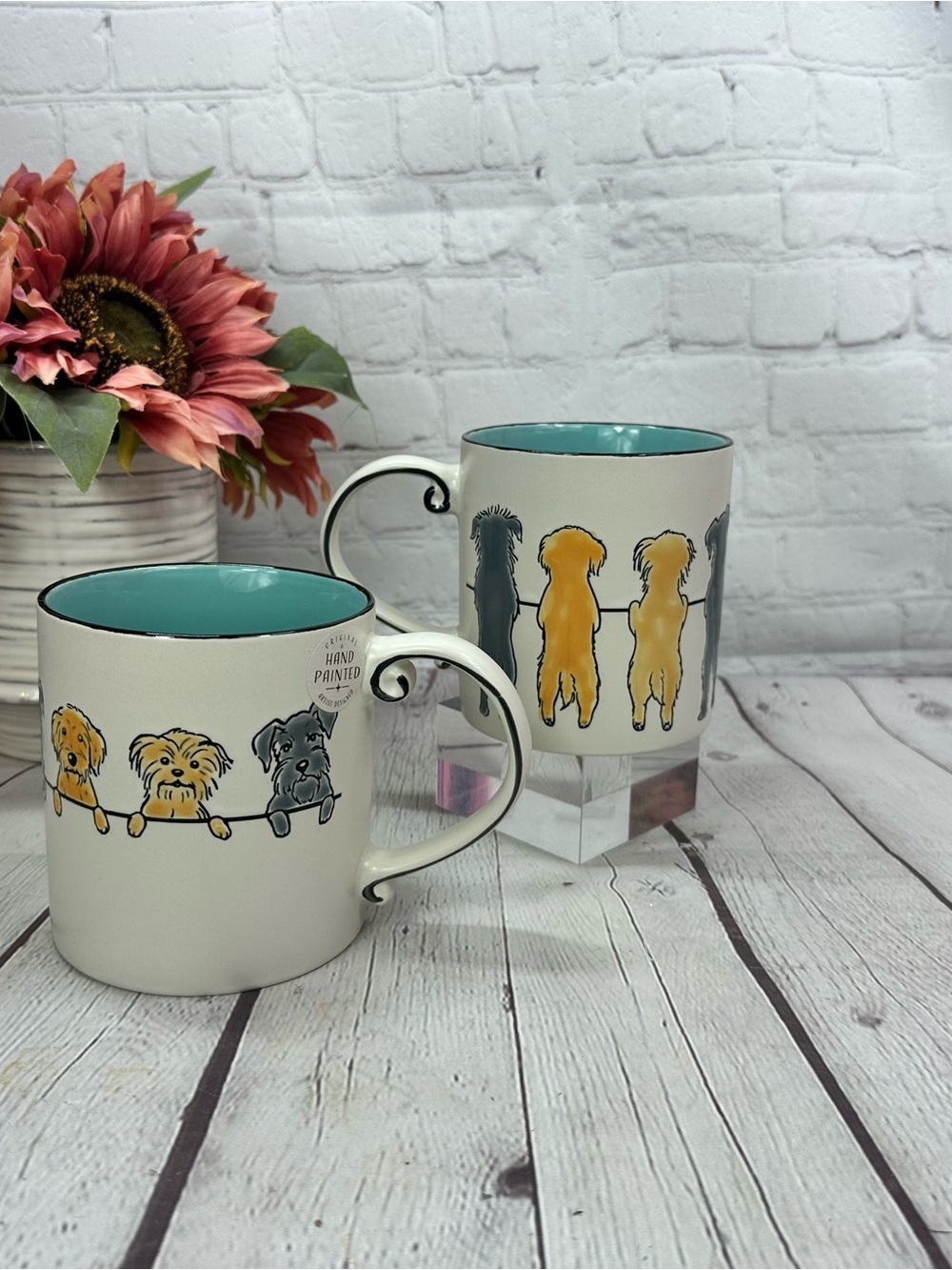 NWT spectrum designz doggie daycare Ceramic Mug hand painted Teal